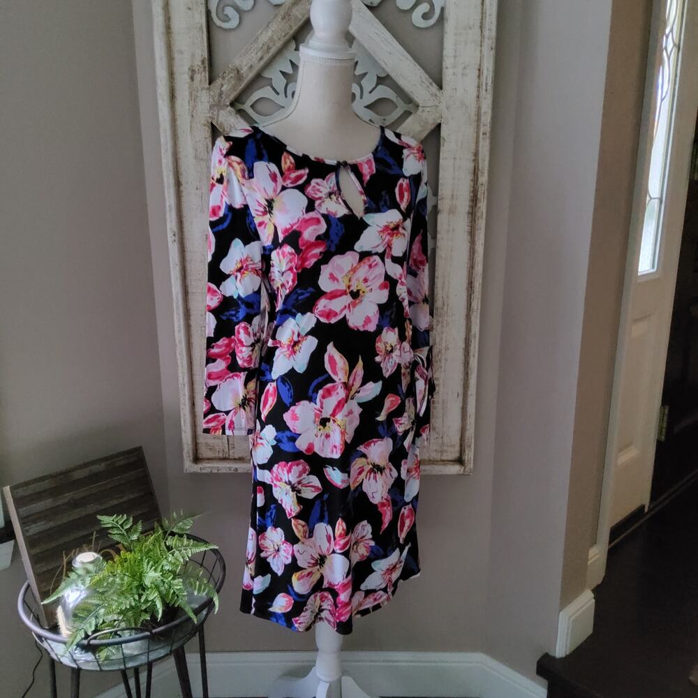 Harlow & Rose Black Floral Faux Wrap Sarong Dress 3/4 Sleeve Cottage Indie
